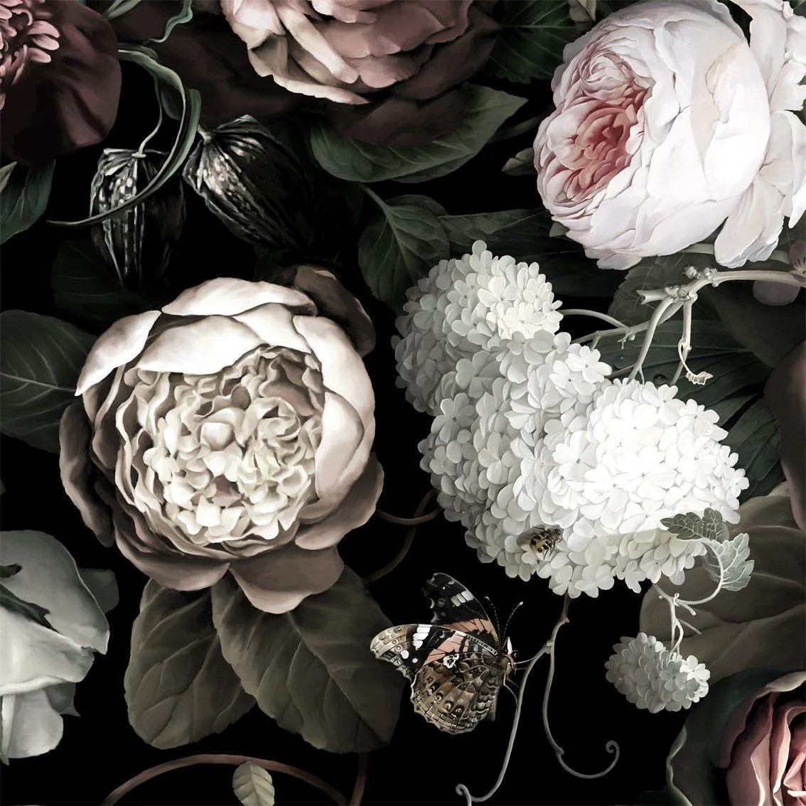 Cream peonies, white hydrangea and a red-tipped butterfly sit among heavy green leaves on black, in the manner of a Dutch still life.