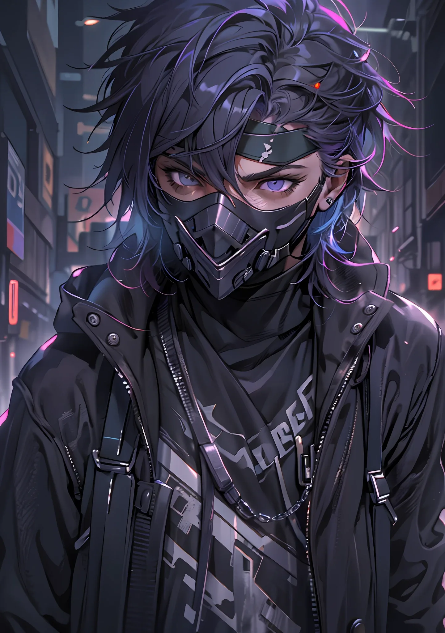 Anime guy with a black jacket and a black mask SeaArt AI