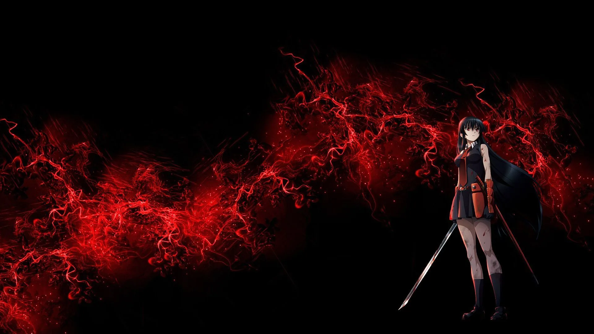 She stands at the right in a dark uniform, blade lowered, while jagged red energy crawls across the black from both edges of the frame.
