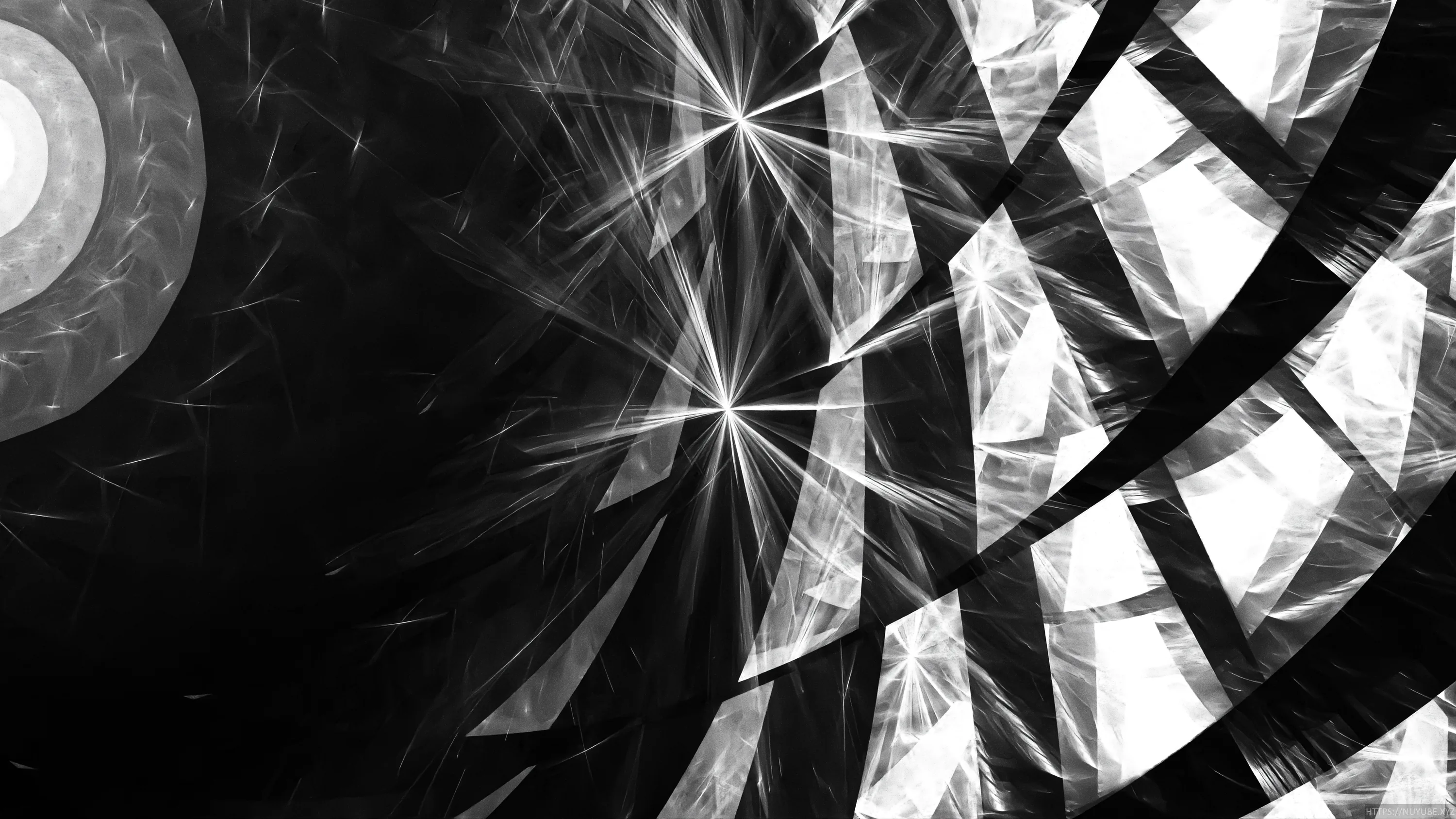 White light spikes burst from a central point among glassy shards and a ribbed arc, the lower left corner left in deep black.