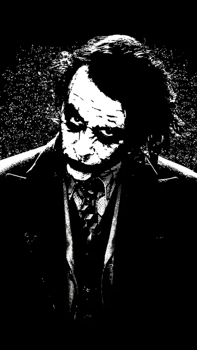 Grainy stencil rendering of the Joker in a suit, white speckles over black like static; high contrast keeps the lower half dark for app icons.