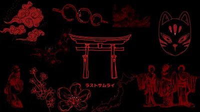 Red Torii and Fox Mask Doodles HD Wallpaper