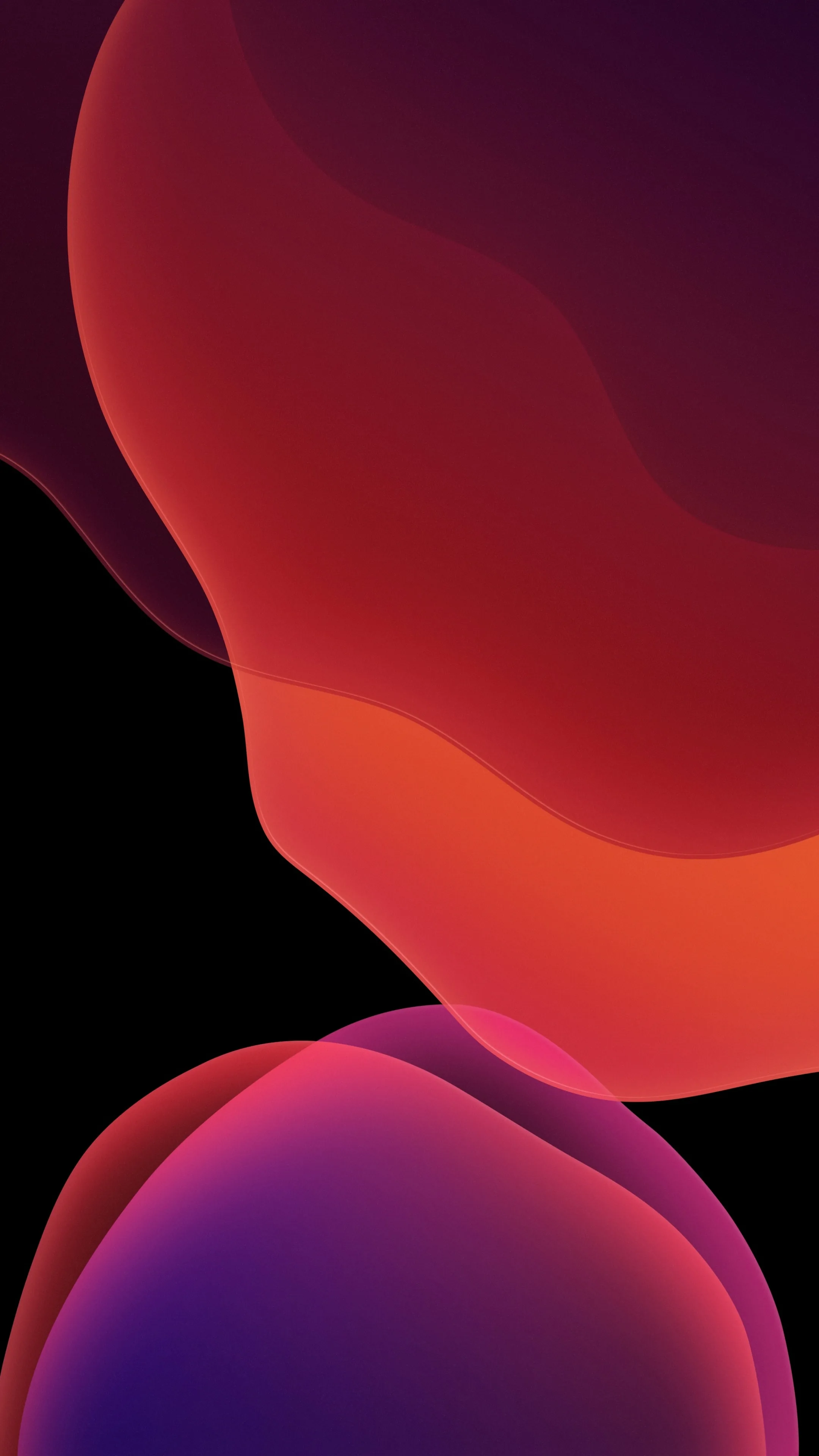 Rounded blobs of crimson, orange and violet drift down from the top edge in the iOS stock style, leaving the right side black for icons.