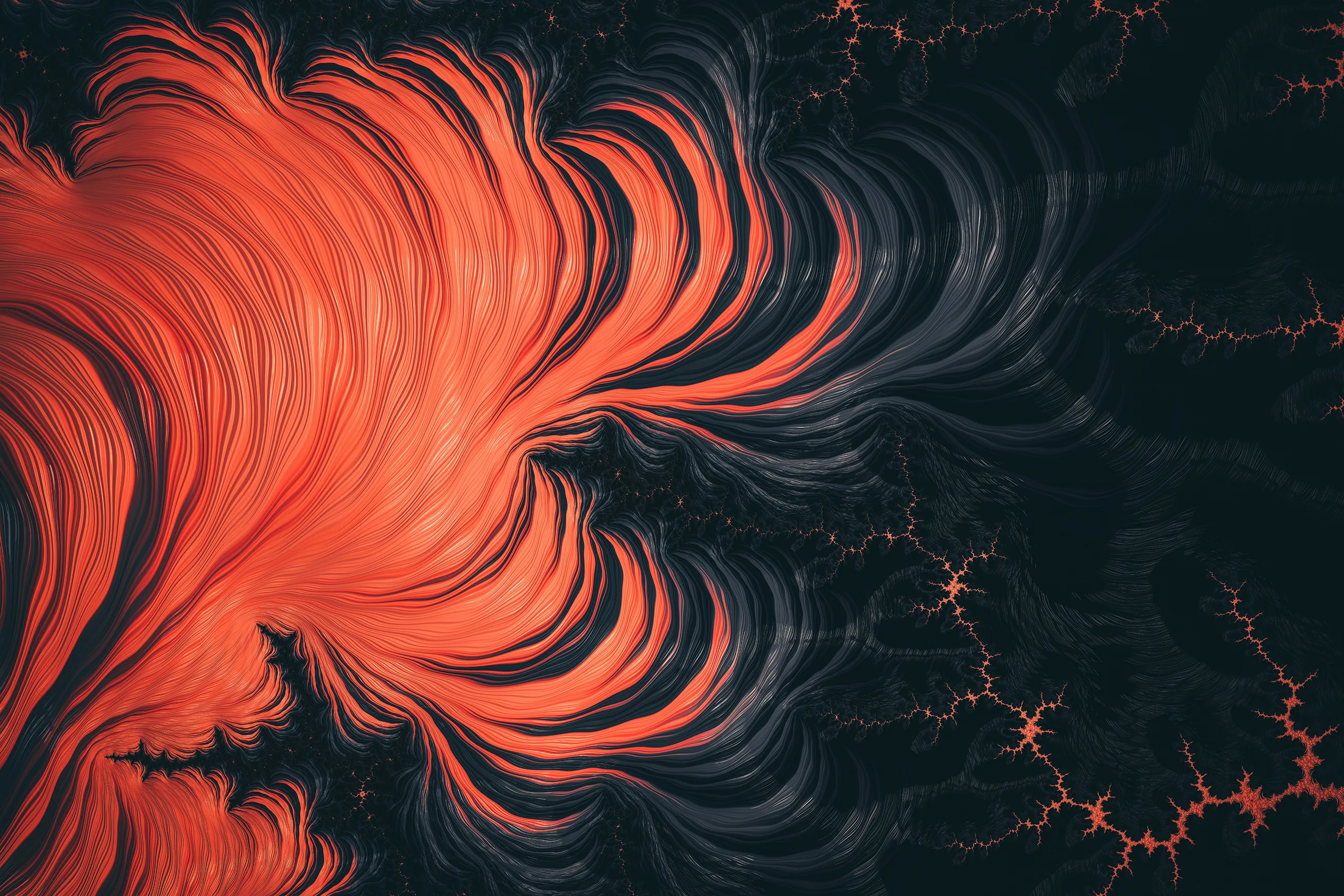 Feathered orange plumes sweep in from the left like fire underwater, thin red veins spreading through the dark fractal ground in the lower right.