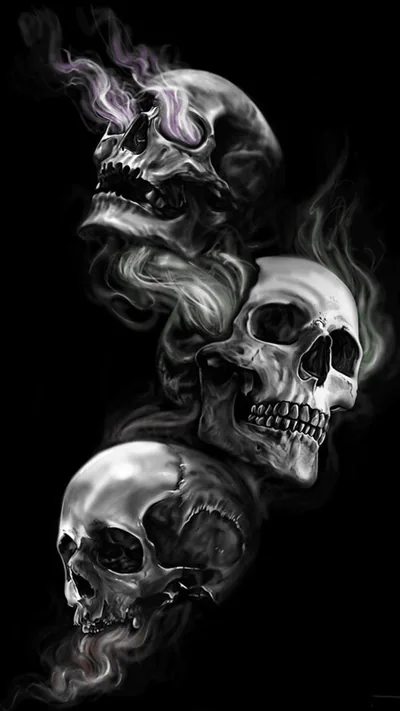 Three Airbrushed Skulls in Smoke HD Phone Wallpaper