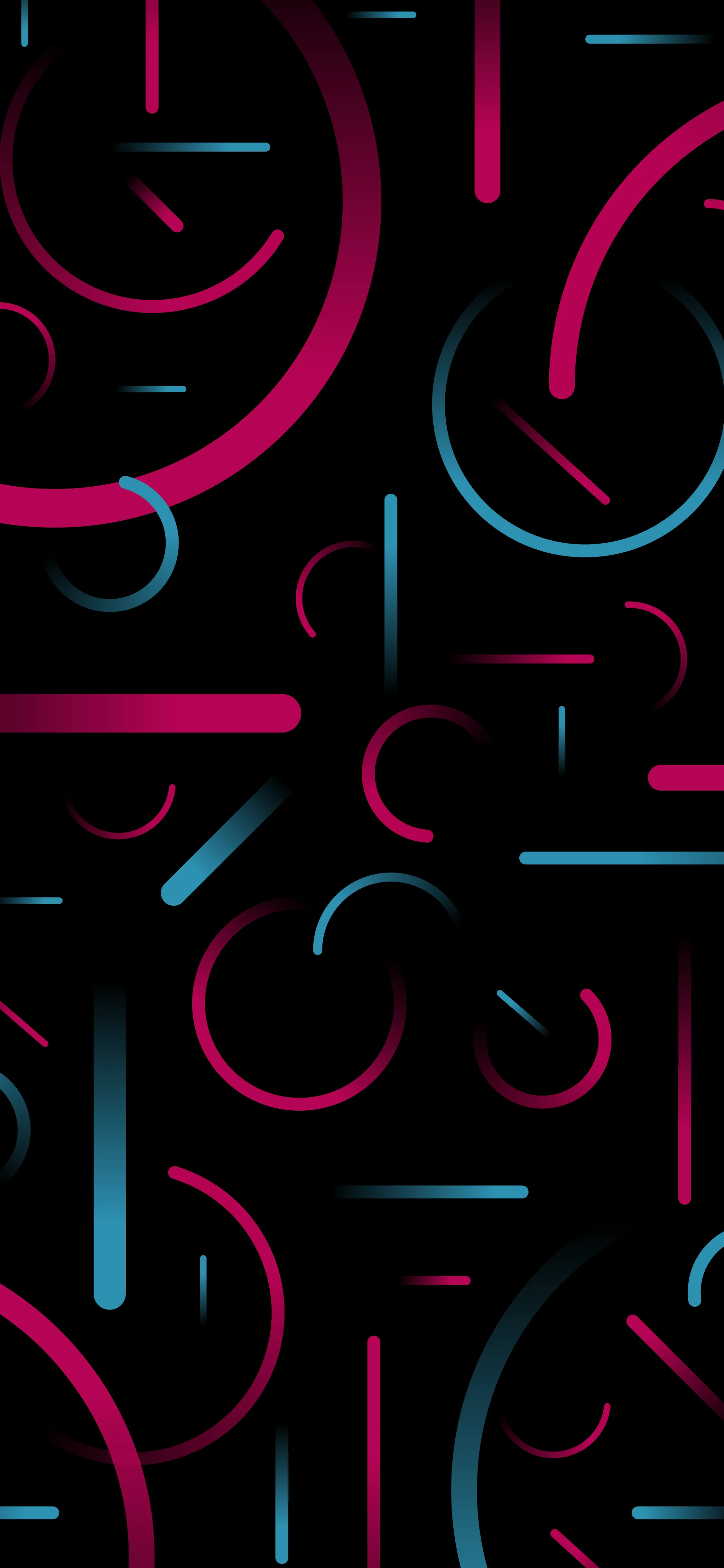 Broken circles and short dashes in hot pink and pale blue drift across a black portrait background.