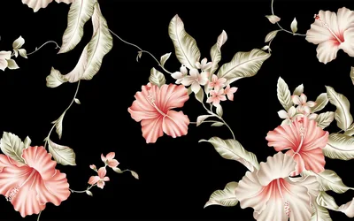Hibiscus Pattern on Black HD Wallpaper