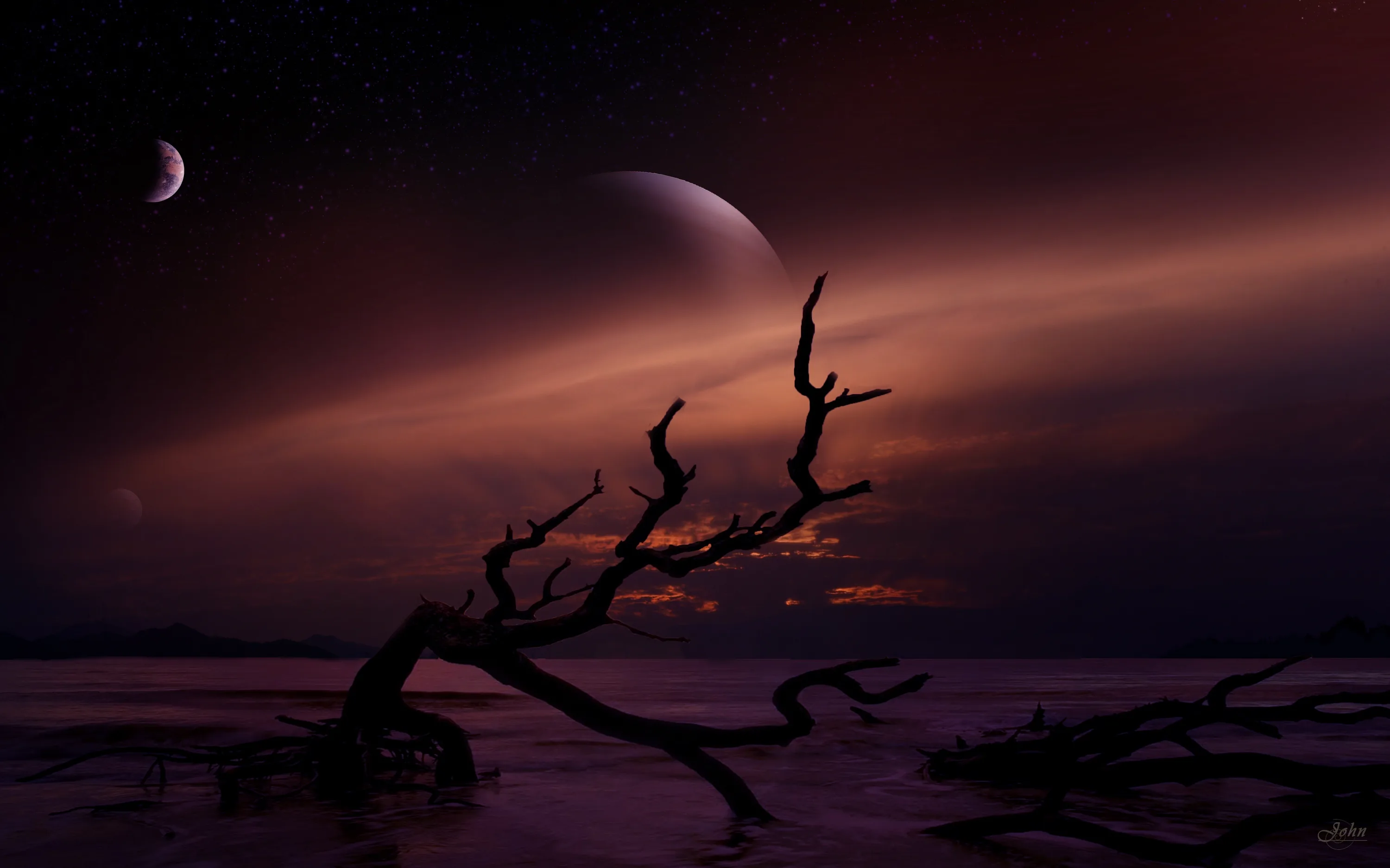Bare black branches reach across a maroon dusk sky where a large crescent planet and a small moon hang, the horizon glowing faintly behind them.