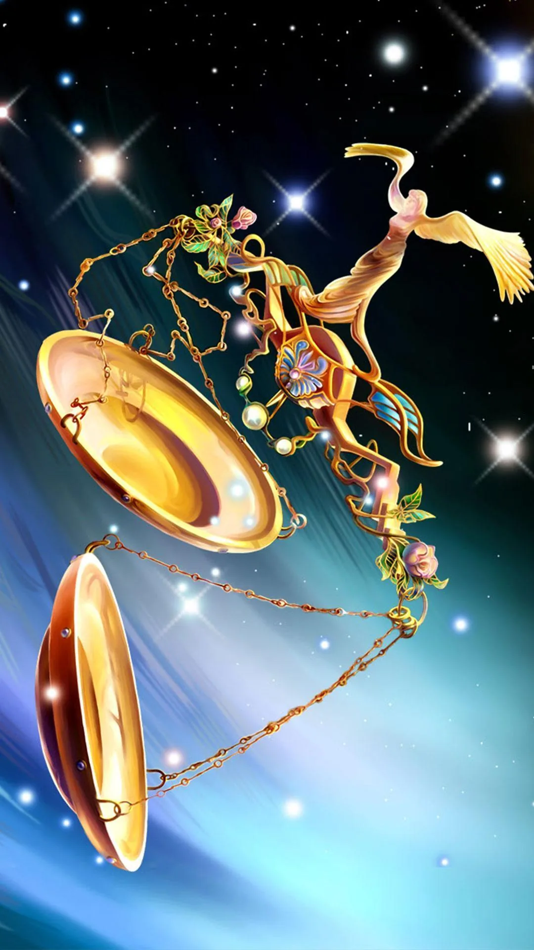 Glossy golden pans swing on chains through a blue star-streaked sky while a draped figure leaps along the beam, light flaring from the upper right.