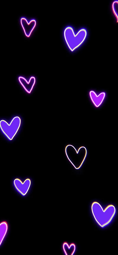 Hand-sketched heart outlines in violet and pink neon float loosely across black, some filled and some left as single strokes.