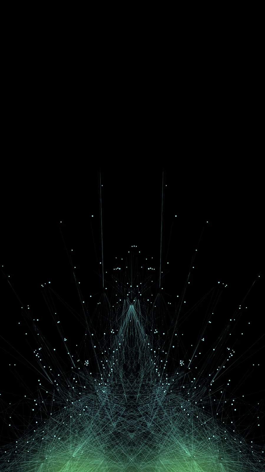 A symmetrical net of green points and lines rises from the bottom of a tall black frame, thin filaments shooting upward and thinning out well before the top.