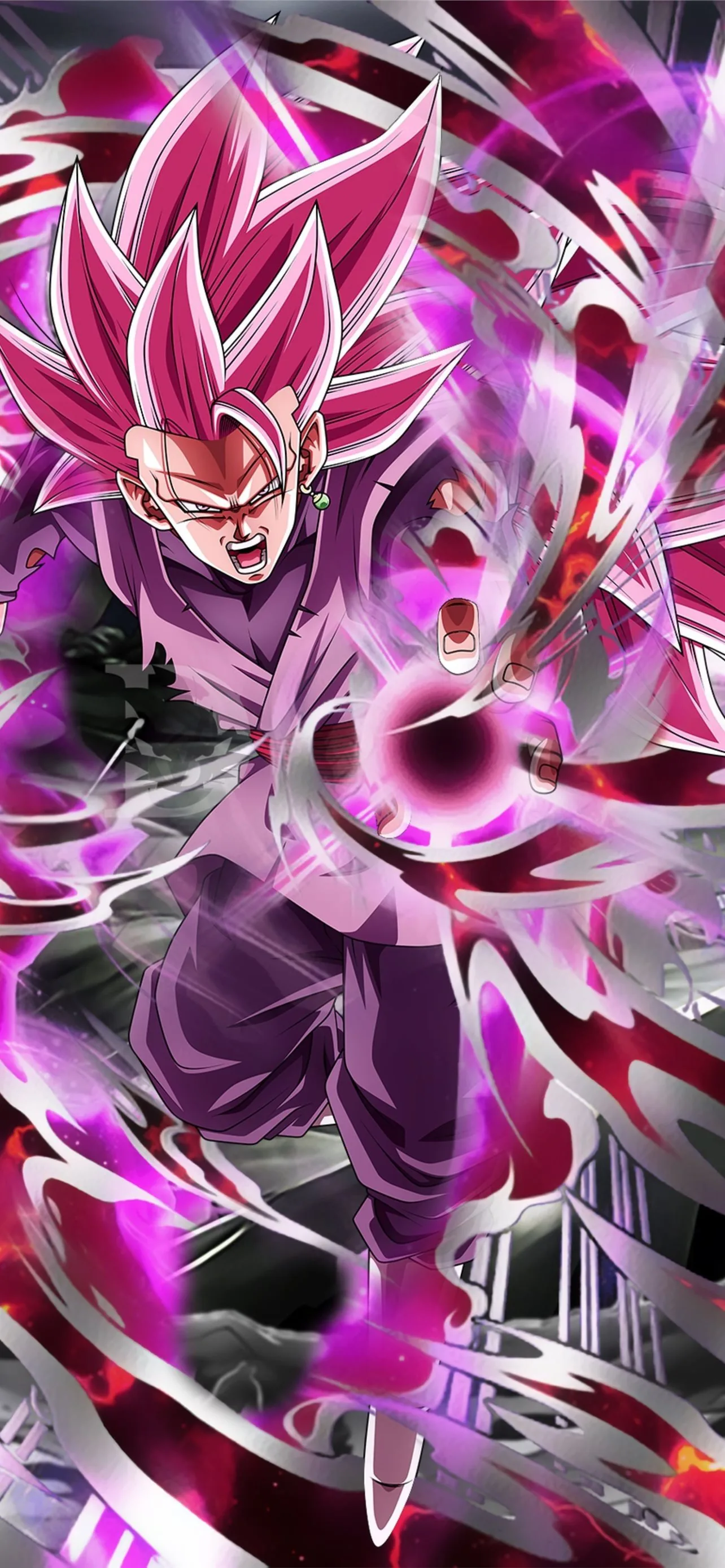 Card-style art of a long-maned Rosé crouching mid-scream, twin violet orbs spiralling around him in a tall crop built for phone lock screens.