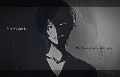 A monochrome anime boy sits with one half of his face shadowed, quiet text set into the grey wall on either side of him.