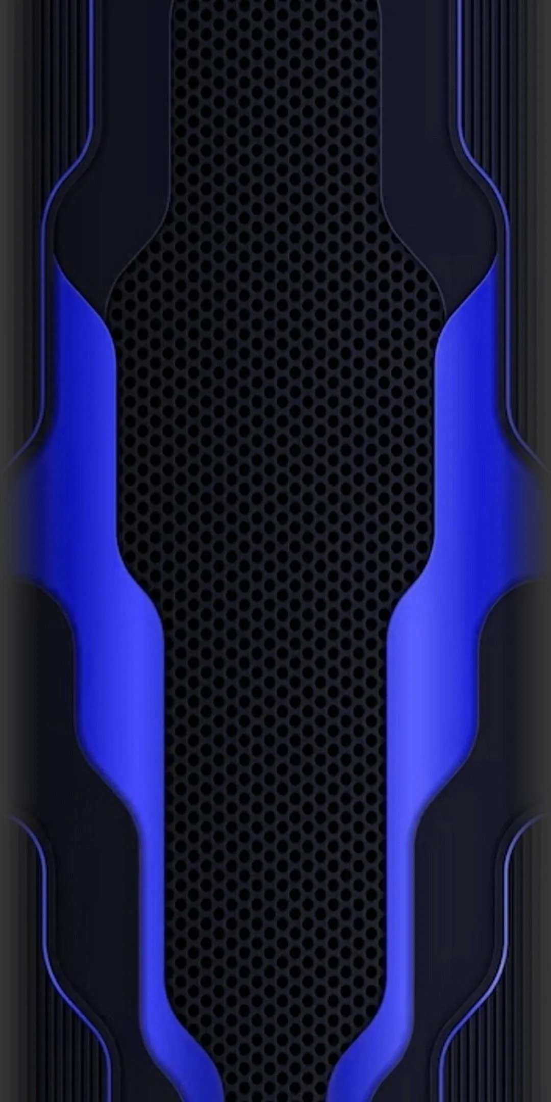 Angular cobalt panels glow along both edges while the centre column of perforated black mesh stays dim, leaving a clean vertical strip for app icons.