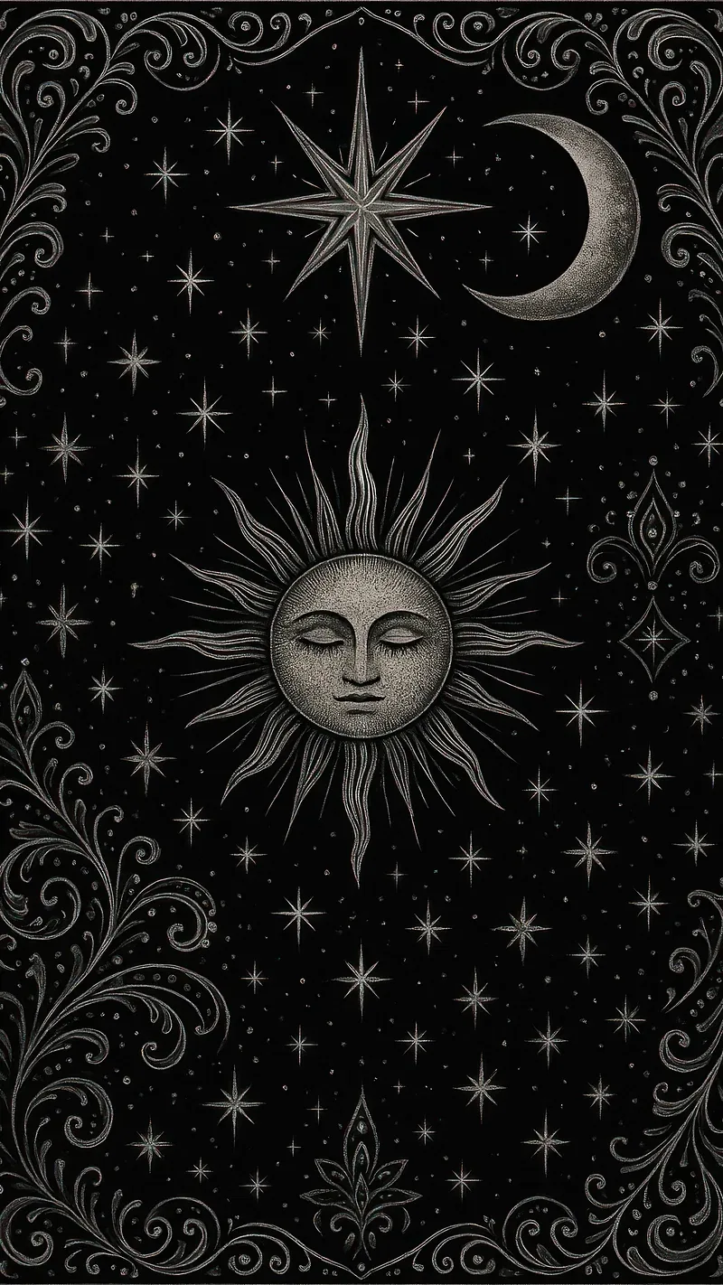 A sleeping sun face sits at the centre with a crescent moon and star above it, framed by silver filigree on a starry black card.