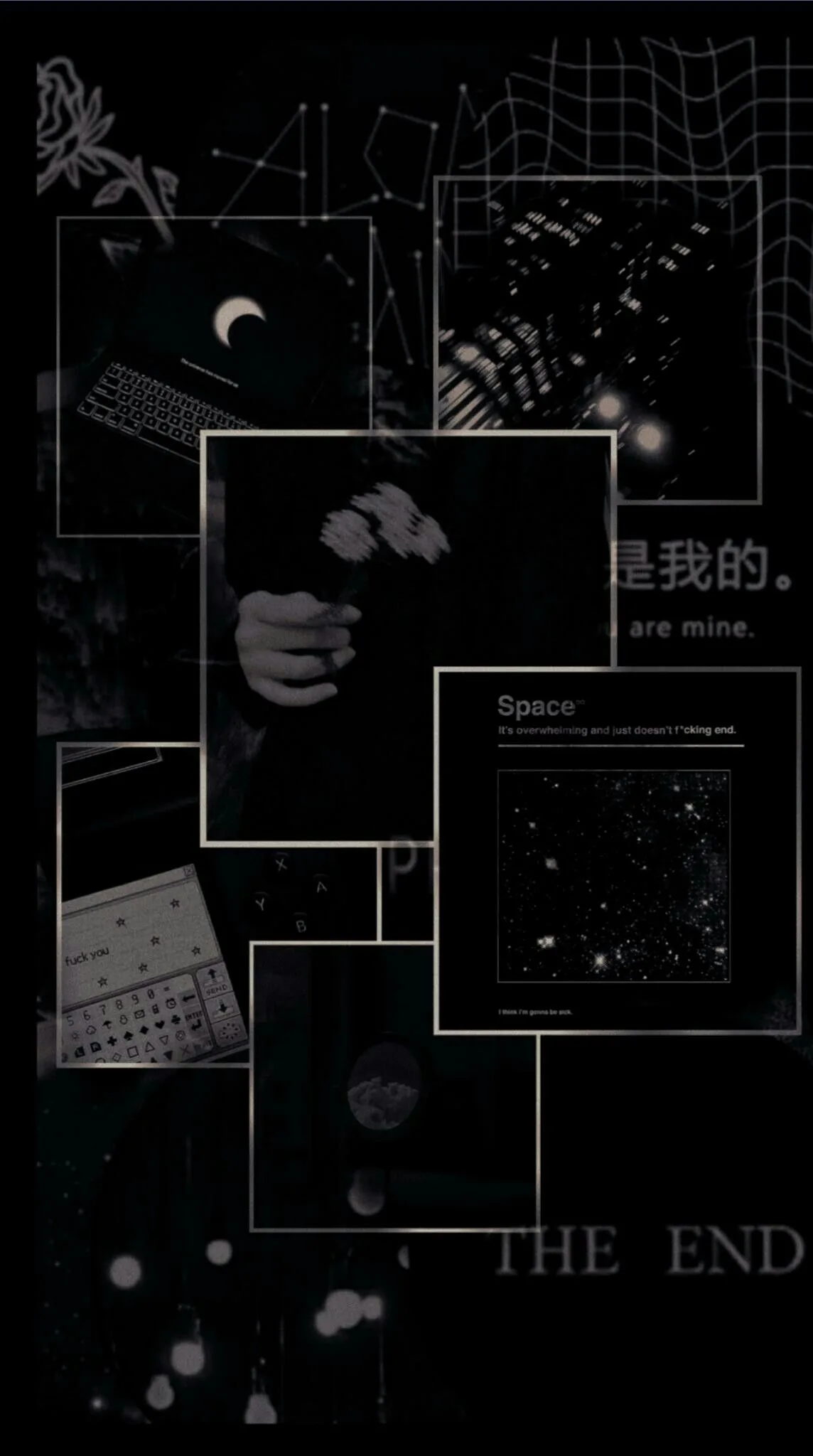 Thin white frames stack over each other holding a hand, a star chart and grid patterns, the words the end printed across the bottom edge.