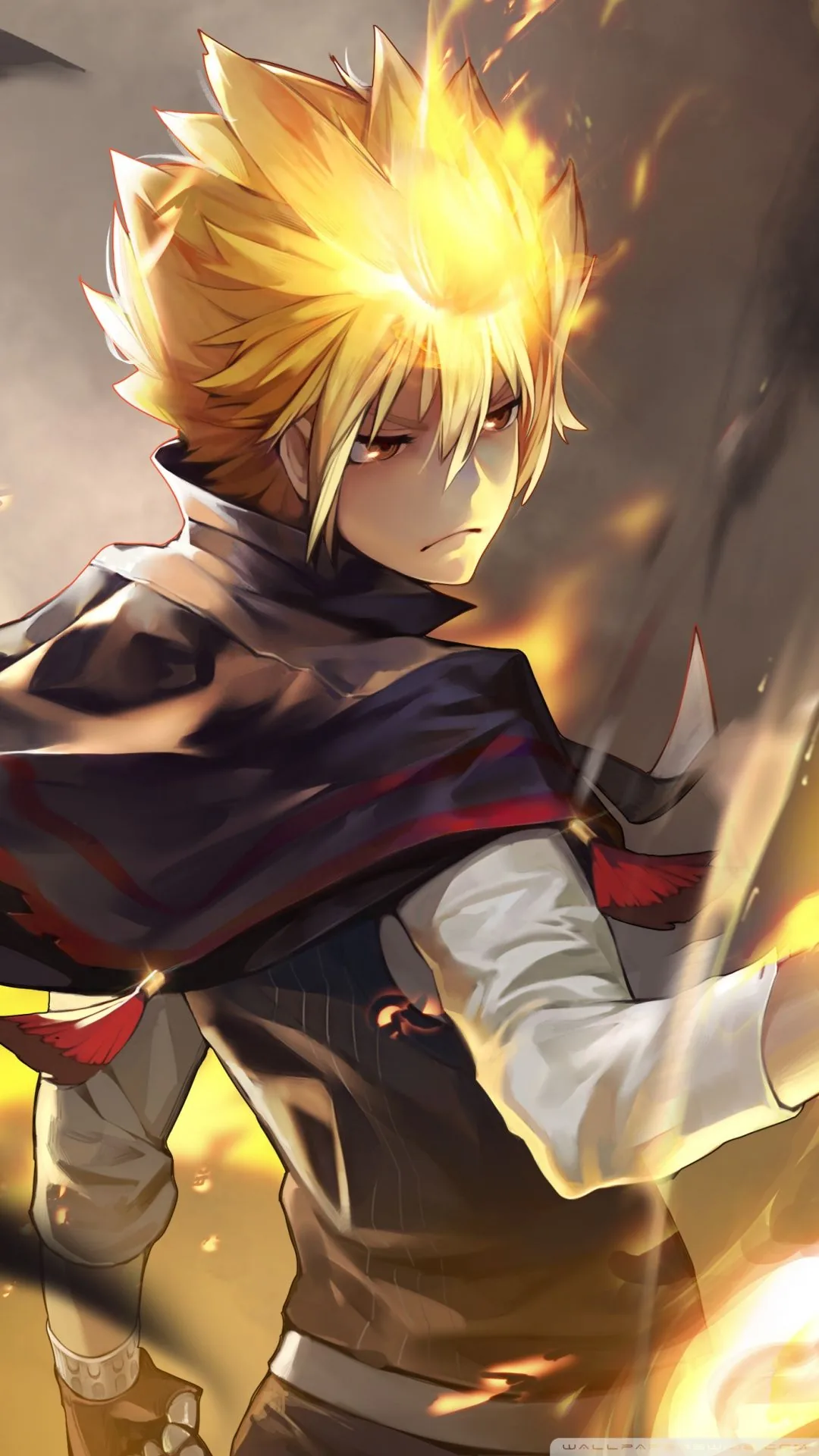 A boy with flame-orange spiked hair glances over his shoulder in a dark mantle, embers drifting up the right edge of this portrait frame.