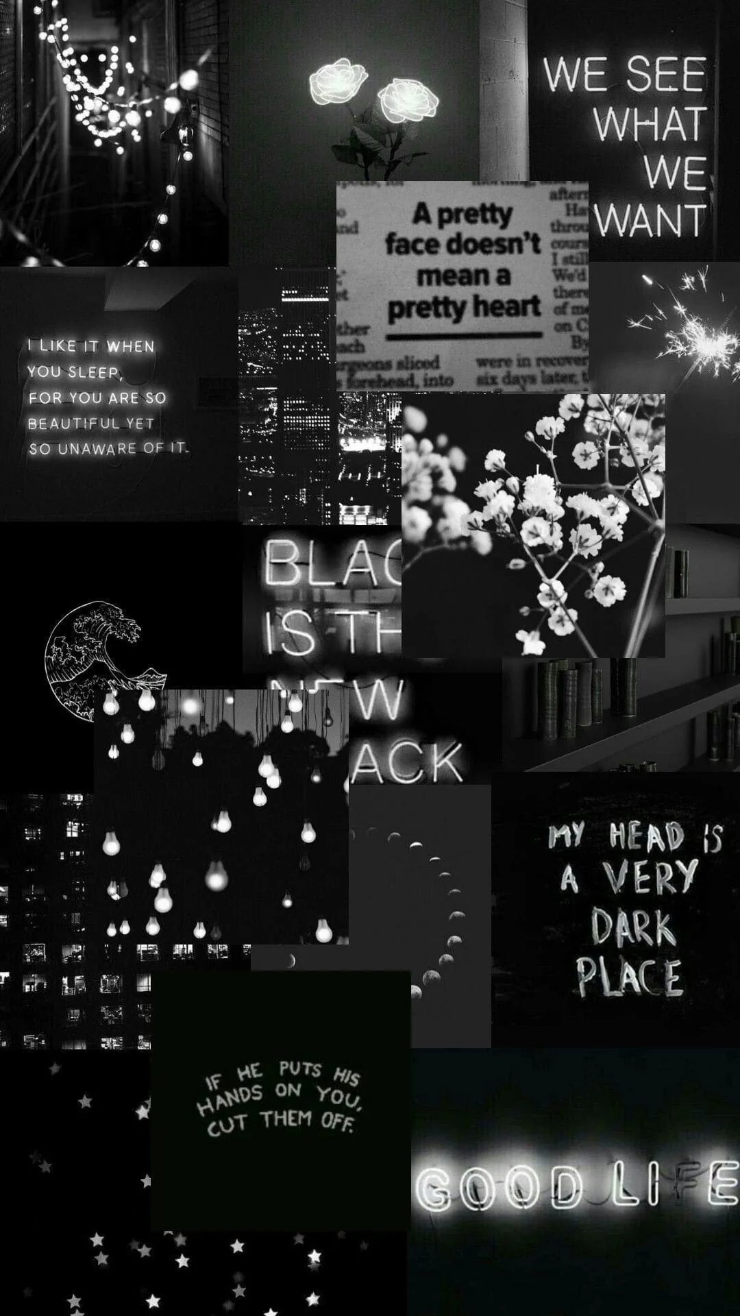 Blurred strings of bulbs bleed between torn photo scraps, typed lines like BLACK IS THE NEW BLACK and MY HEAD IS A VERY DARK PLACE stacked over the darkest panels.