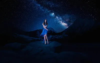 Wallpaper dark, girl, night, mountains, rocks, stars, way, darkness