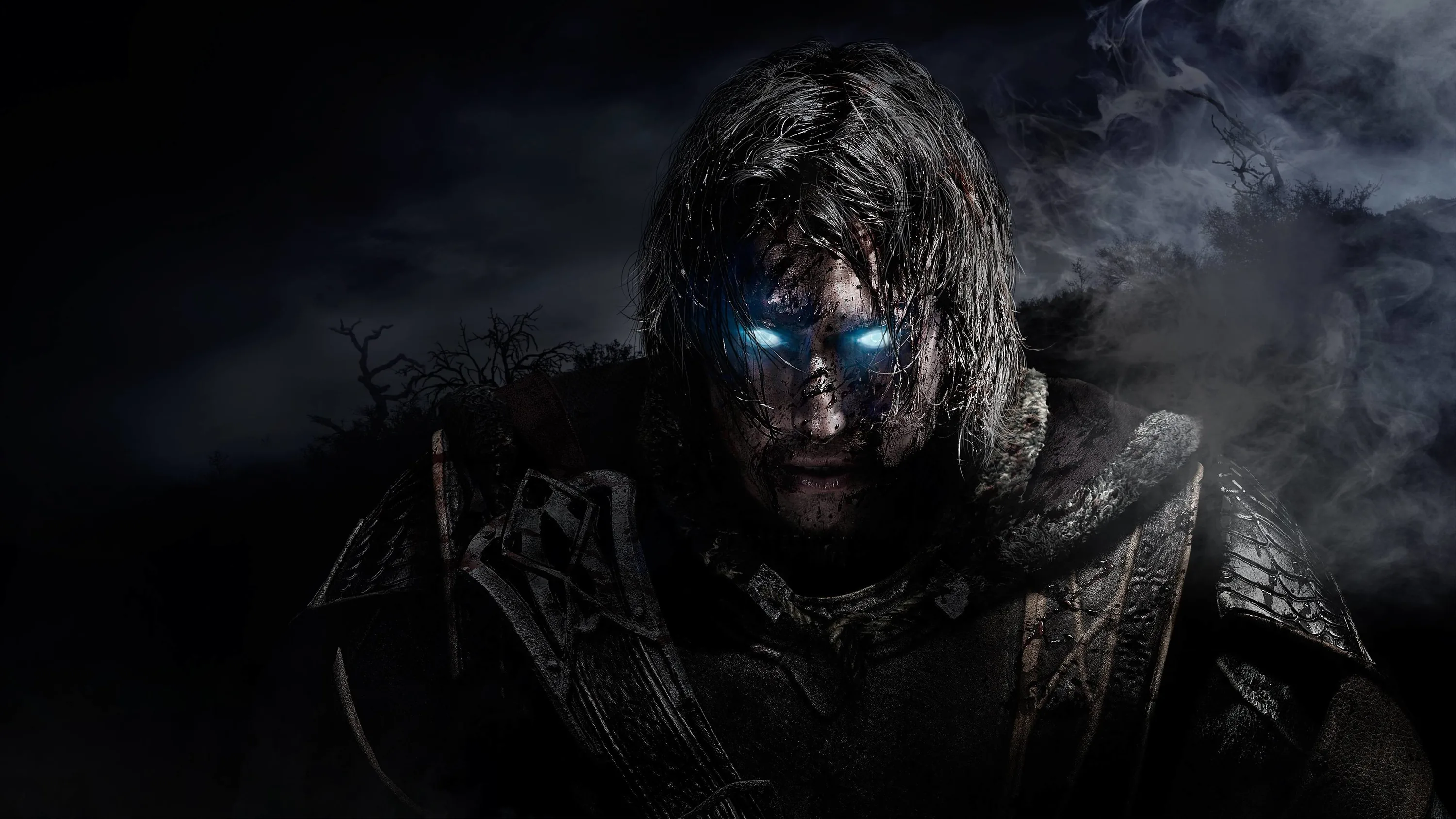 A dark ranger stares out from under wet hair, his eyes burning pale blue while smoke drifts across the black background.