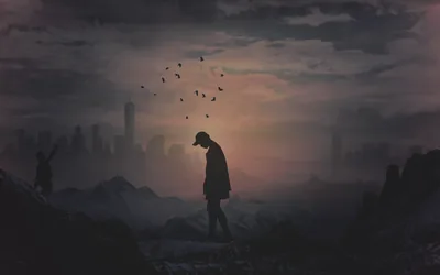 Sad Man Among City Ruins HD Wallpaper