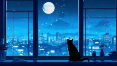 Lofi Cat Watching the Moon HD Wallpaper