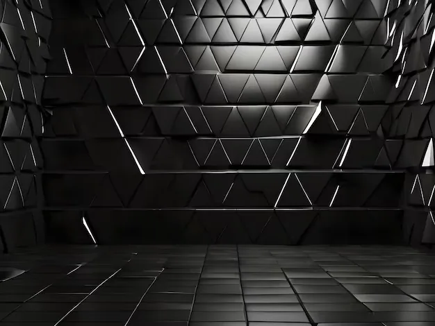 Faceted triangular tiles cover the back wall of an empty room, thin slits of light glowing between them and reflecting on the tiled floor.