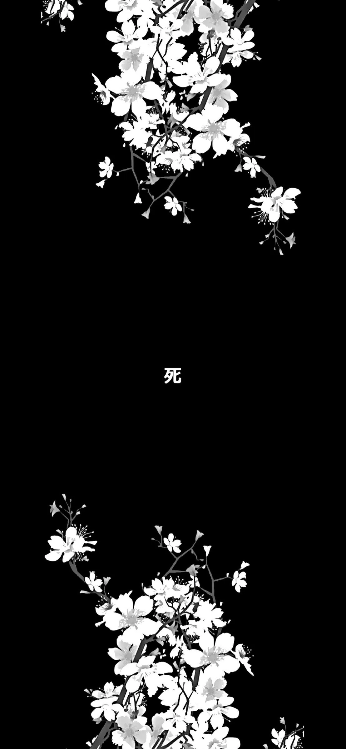 White blossom clusters press in from the top and bottom edges while the kanji for death sits alone in the black middle band.