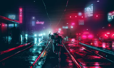 Cyborg Swordsman on Tram Tracks HD Wallpaper