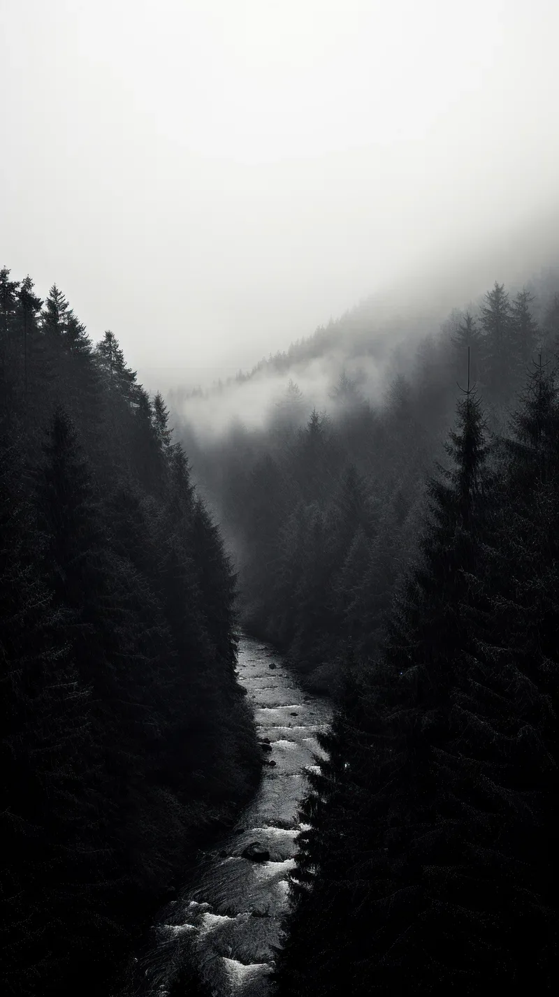 A river cuts down a valley between dense pines while fog rolls over the ridge above, the whole scene left in black and white.