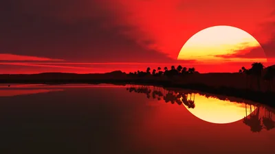 Crimson Sky Mirrored in a Dark Lake HD Wallpaper
