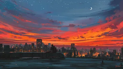 Couple on a Rooftop Watching the City HD Wallpaper
