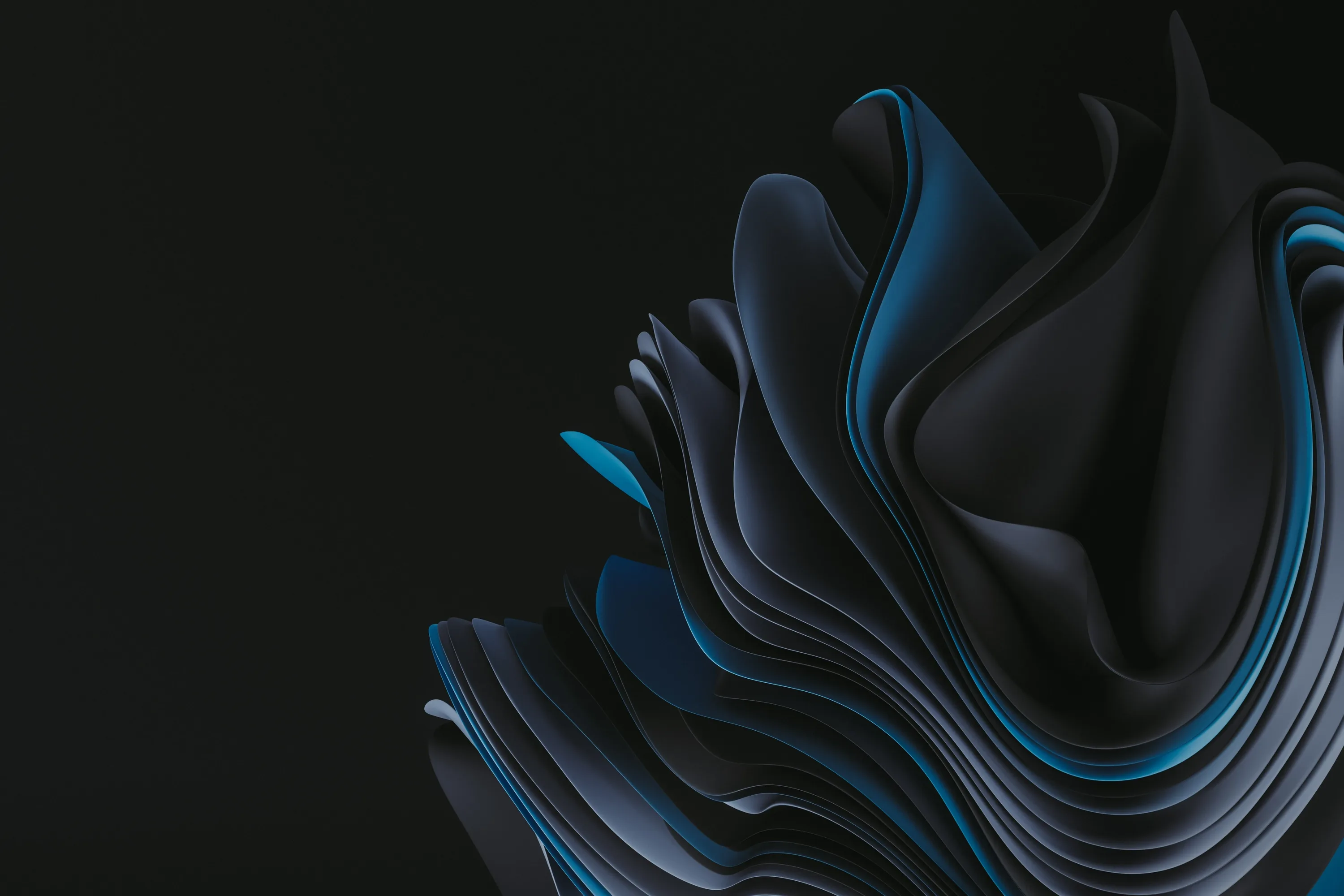 Layered petals of dark fabric open toward the right, blue light glowing between the folds, the left half kept clear for icons.