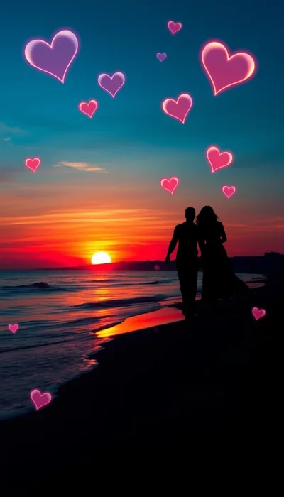 Couple on a Beach with Pink Hearts HD Phone Wallpaper