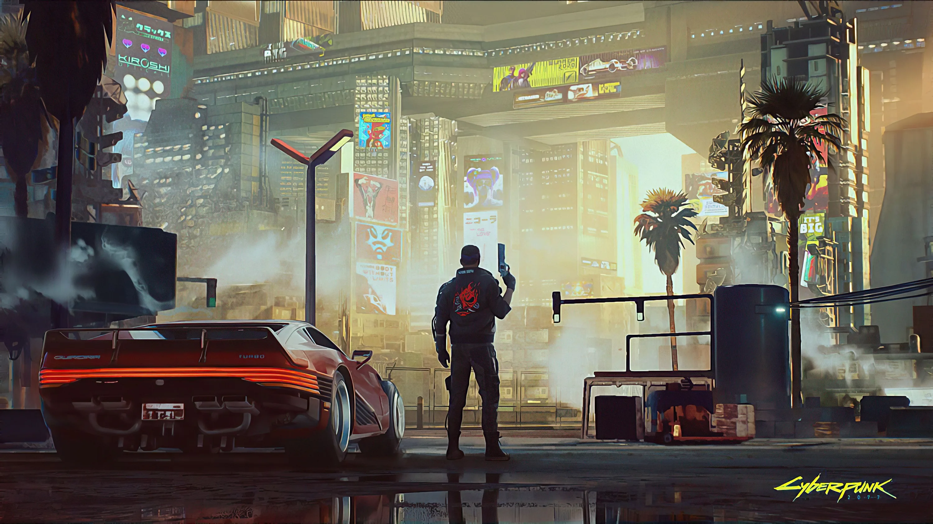 A merc raises his hand beside a white sports car outside an ornate gated complex, morning haze washing the scene in soft gold and grey.