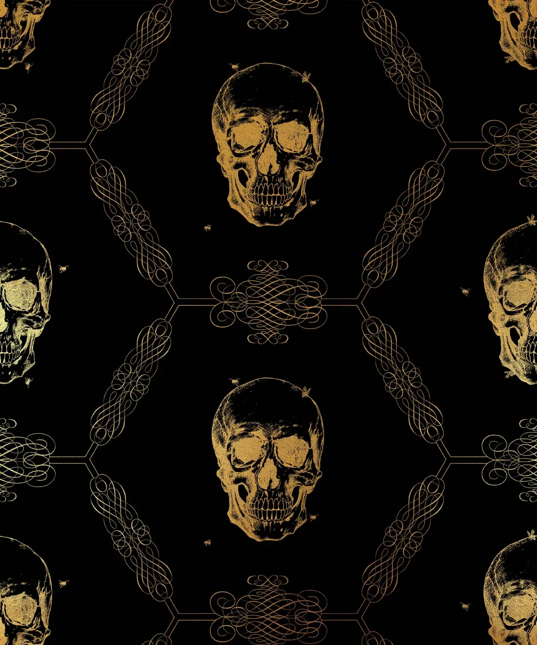 Gold line-drawn skulls sit inside a repeating filigree lattice on black, the curling flourishes linking one row to the next.