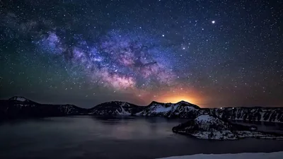 Purple Galaxy over a Crater Lake HD Wallpaper