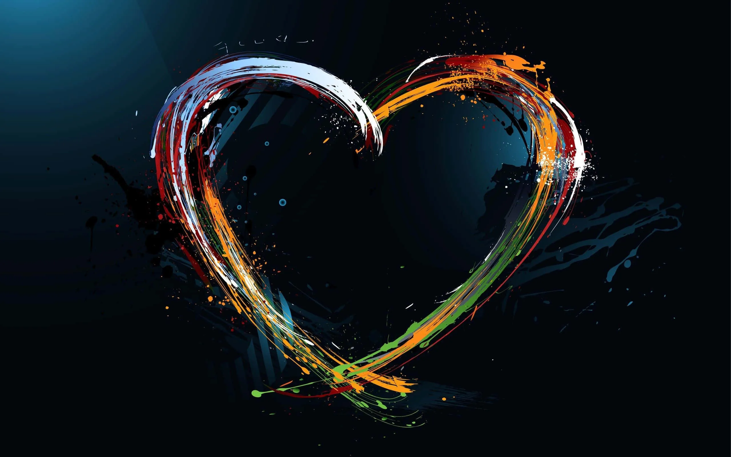 Ribbons of orange, blue and green liquid arc through the air and meet as a heart, droplets scattering across a near-black blue background.