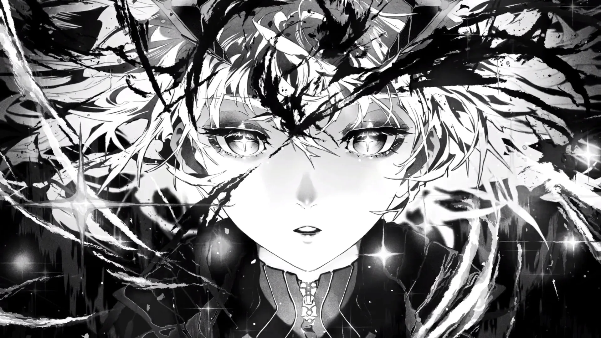 Her face fills the frame in black and white, feathered strands sweeping past both eyes and small glints catching along her collar.