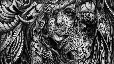 Ornate Ink Face in Black and White HD Wallpaper