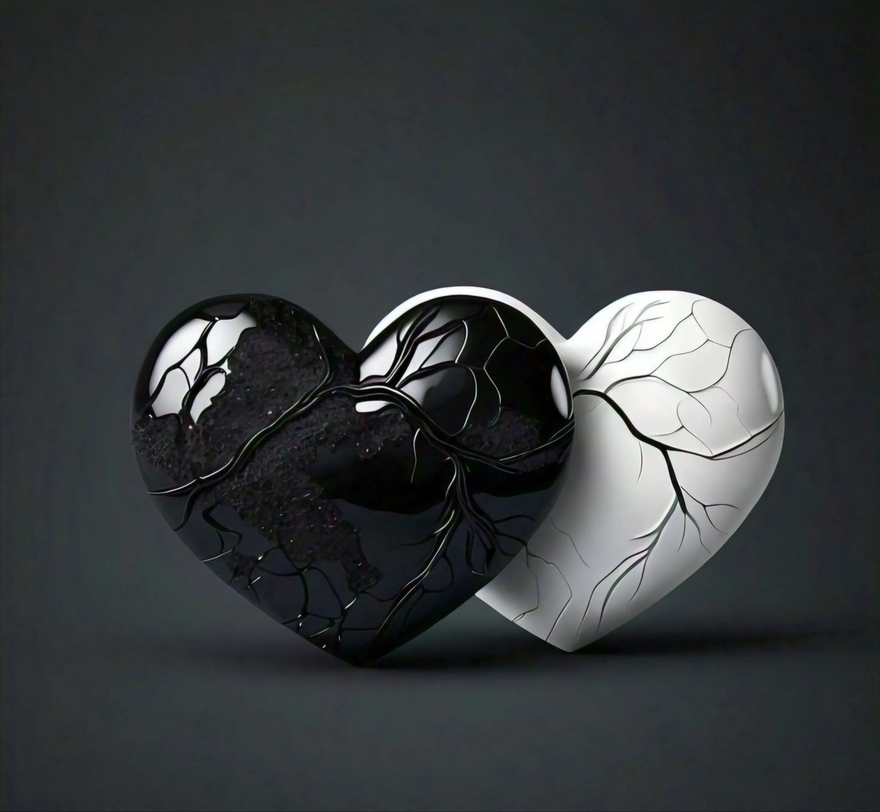 A cracked obsidian heart leans into a vein-lined white one in this 3D render, soft shadow pooling beneath them on smoky gray.