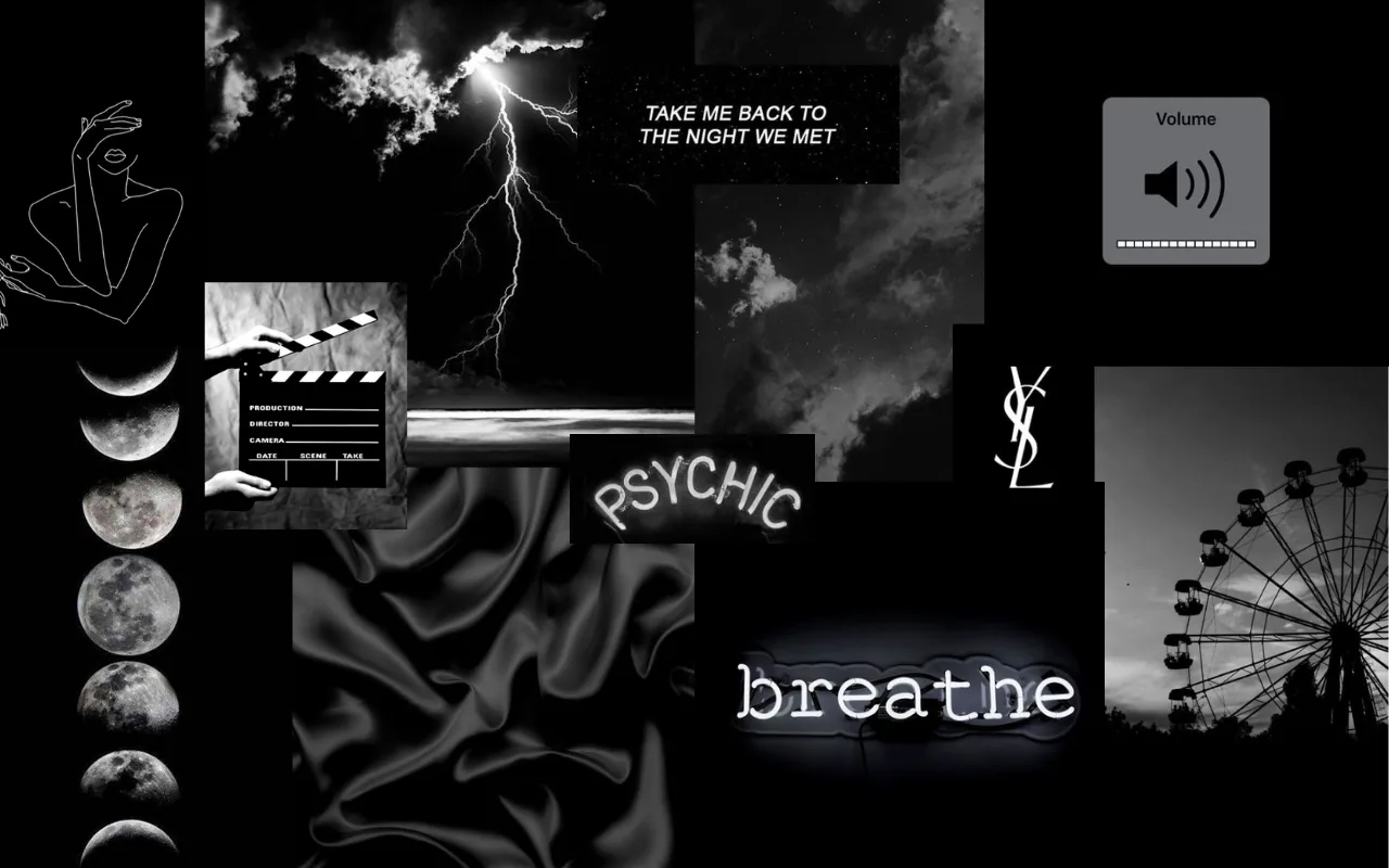 Moon phases, a lightning strike and a ferris wheel tile across a wide dark board, the word breathe glowing in neon near the centre.