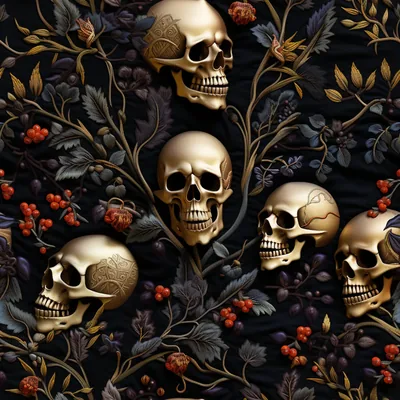 Gold Skulls Among Dark Berries and Leaves HD Wallpaper
