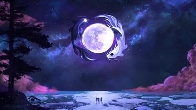 Koi Fish Circling the Full Moon HD Wallpaper