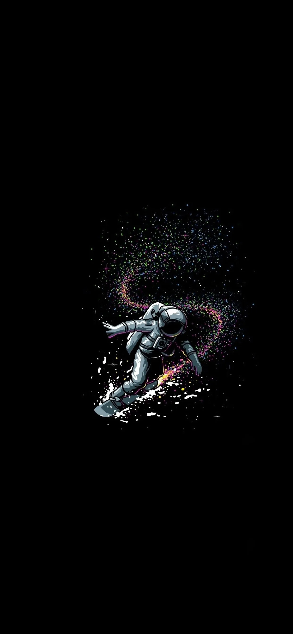 A small astronaut tumbles left of centre through a spray of white specks, a thin red arc threading past, while the surrounding black stays untouched.