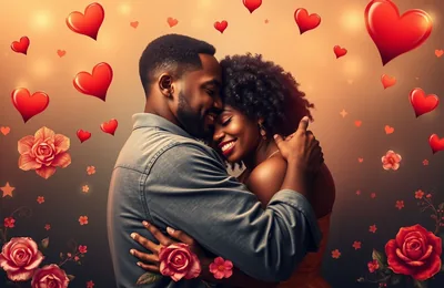 Smiling Couple Hugging with Red Hearts HD Wallpaper