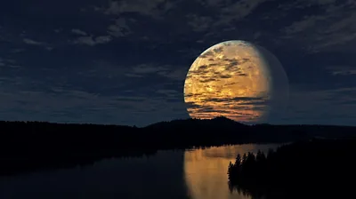 Setting Moon Behind Dark Hills HD Wallpaper