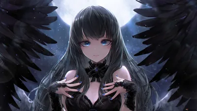 Black angel anime girl with wings 2K wallpaper