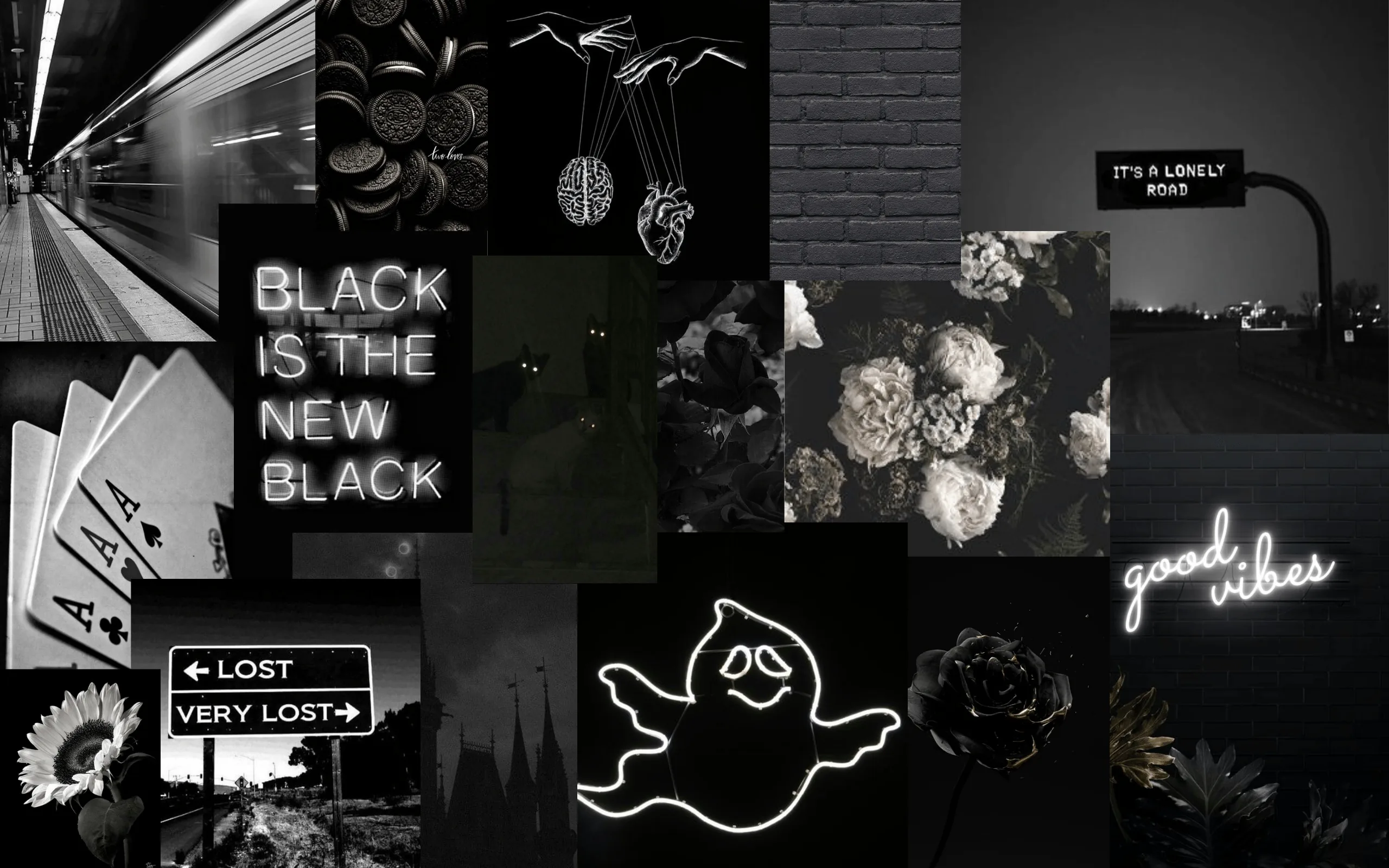 Monochrome cut-outs and quote cards tile the frame with a small neon ghost sign glowing near the bottom.