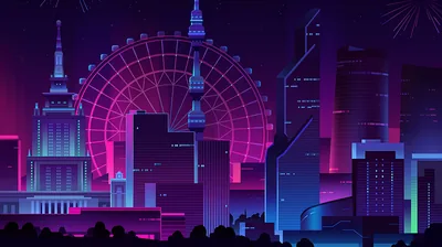 Retro Neon City with Ferris Wheel HD Wallpaper